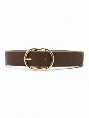 NWT Vince Camuto Chocolate Brown Leather Belt with Gold Oval Buckle